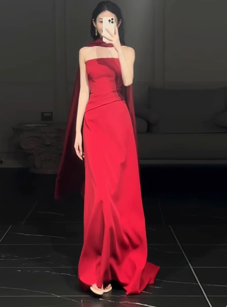 Gorgeous Sheath Strapless Red Satin Prom Dresses Formal Summer Wedding Guest Dresses Wedding Guest Outfits DP2266