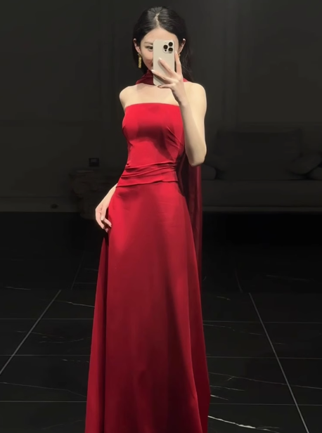 Gorgeous Sheath Strapless Red Satin Prom Dresses Formal Summer Wedding Guest Dresses Wedding Guest Outfits DP2266