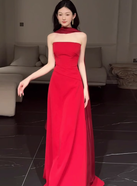Gorgeous Sheath Strapless Red Satin Prom Dresses Formal Summer Wedding Guest Dresses Wedding Guest Outfits DP2266