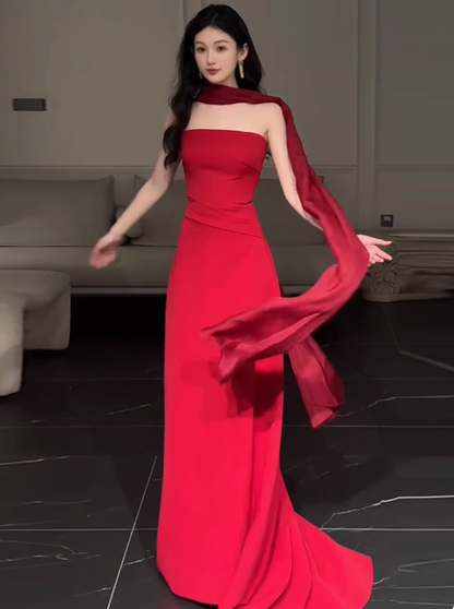 Gorgeous Sheath Strapless Red Satin Prom Dresses Formal Summer Wedding Guest Dresses Wedding Guest Outfits DP2266