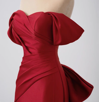 Elegante vestido de fiesta de satén rojo con hombros descubiertos y corte sirena, vestidos formales de verano para invitadas de boda, trajes para invitadas de boda DP2275