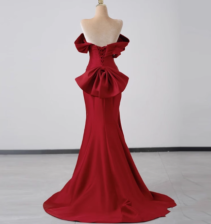 Elegante vestido de fiesta de satén rojo con hombros descubiertos y corte sirena, vestidos formales de verano para invitadas de boda, trajes para invitadas de boda DP2275