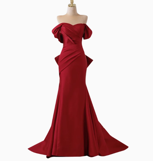 Elegante vestido de fiesta de satén rojo con hombros descubiertos y corte sirena, vestidos formales de verano para invitadas de boda, trajes para invitadas de boda DP2275