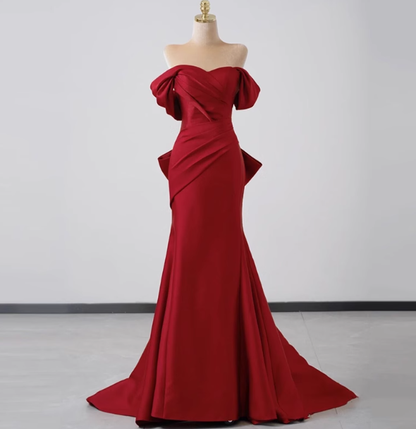 Elegante vestido de fiesta de satén rojo con hombros descubiertos y corte sirena, vestidos formales de verano para invitadas de boda, trajes para invitadas de boda DP2275