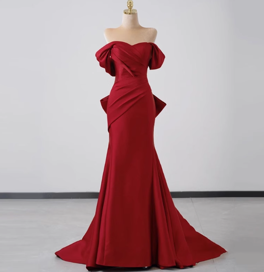 Elegante vestido de fiesta de satén rojo con hombros descubiertos y corte sirena, vestidos formales de verano para invitadas de boda, trajes para invitadas de boda DP2275