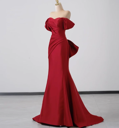 Elegante vestido de fiesta de satén rojo con hombros descubiertos y corte sirena, vestidos formales de verano para invitadas de boda, trajes para invitadas de boda DP2275