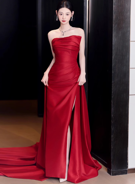 Gorgeous Sheath Strapless Red Satin Slit Prom Dresses Formal Summer Wedding Guest Dresses Wedding Guest Outfits DP2276