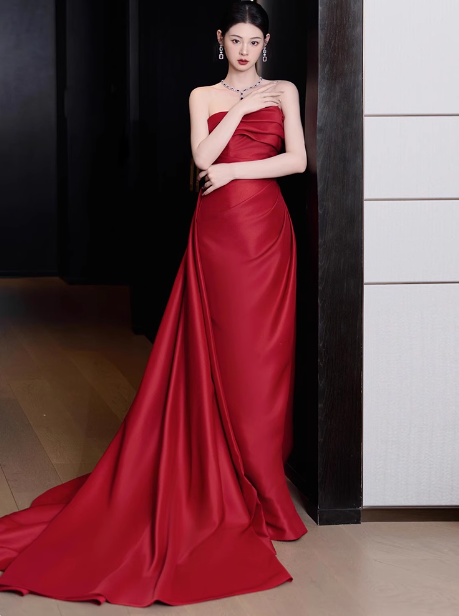 Gorgeous Sheath Strapless Red Satin Slit Prom Dresses Formal Summer Wedding Guest Dresses Wedding Guest Outfits DP2276