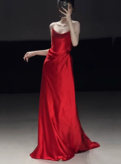 Gorgeous Sheath Strapless Red Satin Prom Dresses Formal Summer Wedding Guest Dresses Wedding Guest Outfits DP2279