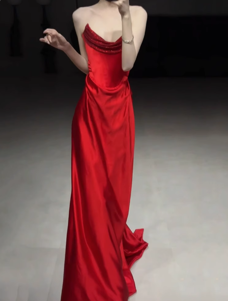 Gorgeous Sheath Strapless Red Satin Prom Dresses Formal Summer Wedding Guest Dresses Wedding Guest Outfits DP2279