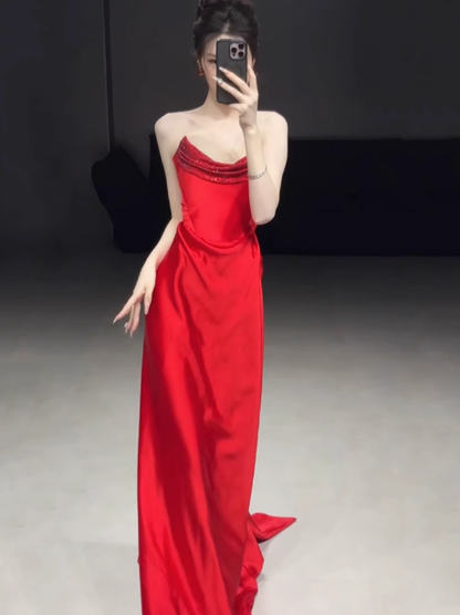 Gorgeous Sheath Strapless Red Satin Prom Dresses Formal Summer Wedding Guest Dresses Wedding Guest Outfits DP2279