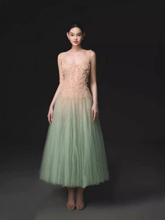 Elegante vestido de fiesta verde menta con tirantes finos y corte en A, para invitadas de boda de verano, DP2292