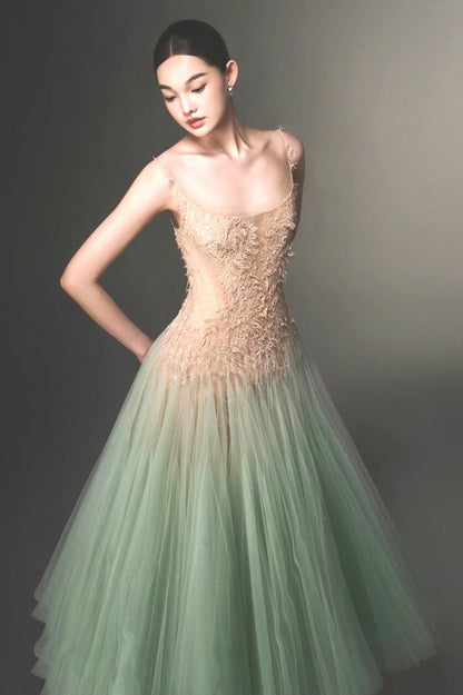 Elegante vestido de fiesta verde menta con tirantes finos y corte en A, para invitadas de boda de verano, DP2292