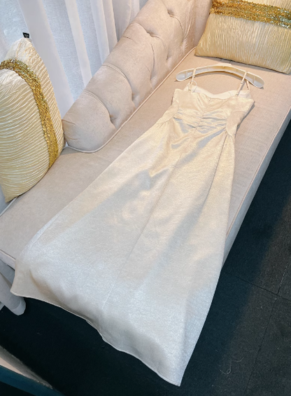 Elegante vestido de fiesta de corte A con tirantes finos y abertura en color champán, vestido formal de verano para invitadas de boda, atuendo para invitadas de boda DP2304