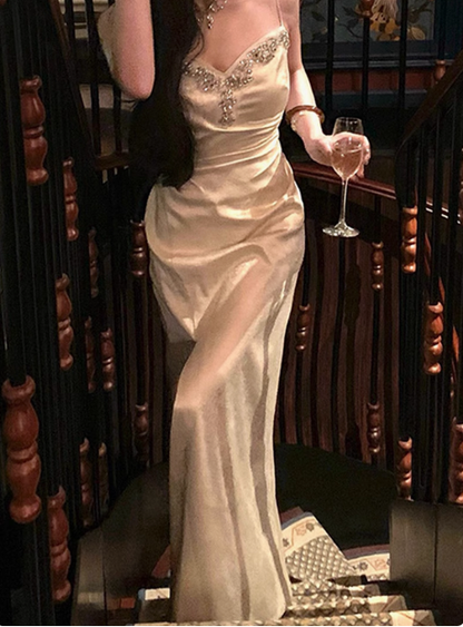 Elegante vestido de fiesta de corte A con tirantes finos y abertura en color champán, vestido formal de verano para invitadas de boda, atuendo para invitadas de boda DP2304