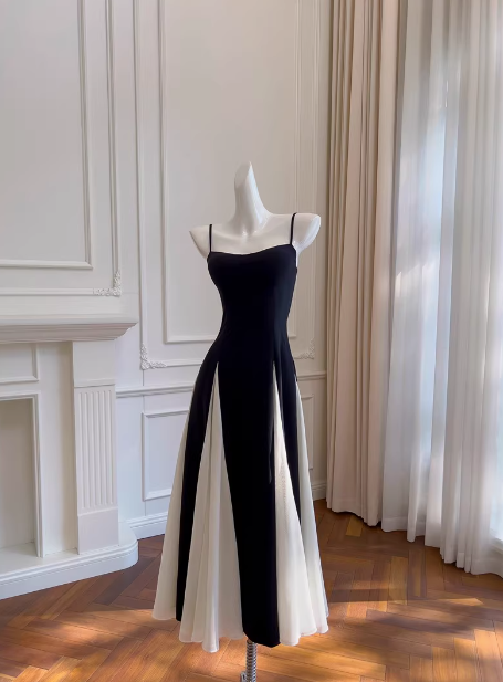 Elegante vestido de fiesta negro con tirantes finos y corte en A, vestido formal de verano para invitada de boda, atuendo para invitada de boda DP2306