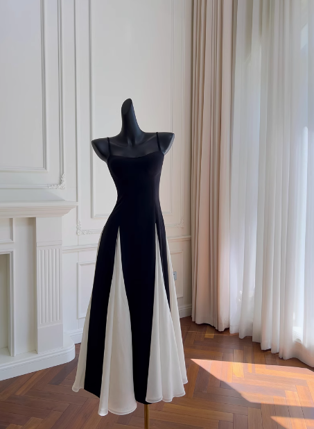 Elegante vestido de fiesta negro con tirantes finos y corte en A, vestido formal de verano para invitada de boda, atuendo para invitada de boda DP2306