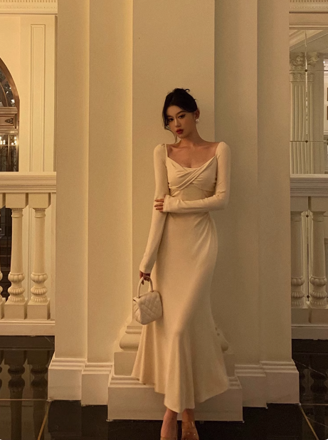 Vestido de fiesta de sirena sexy con escote cuadrado y mangas largas para 21 cumpleaños. Ideas de vestidos de cumpleaños para mujeres (DP2314).