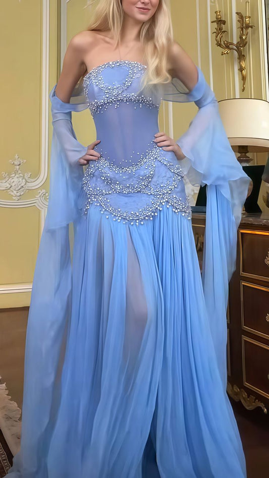 Classy Mermaid Luxury Baby Blue Pearl Chiffon Prom Dress Princess Birthday Dress Long Prom Dresses DP240
