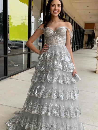 Chic Glitter Ball Gown Hot Pink Corset Off the Shoulder Lace Long Prom Dress Evening Dresses DP252