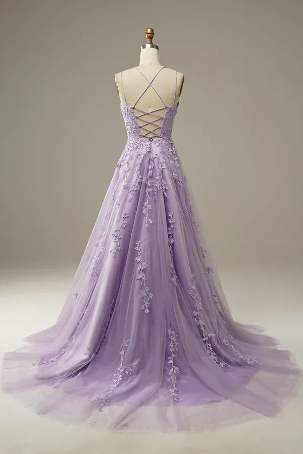 A-Line Purple Spaghetti Straps Long Prom Dress with Appliques Birthday Outfits Party Dress Formal Dress DP258
