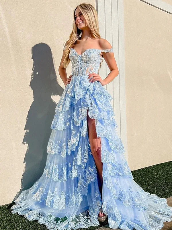 Elegant Prom Dresses Formal Court Train Sleeveless Off Shoulder Tulle with Sequin Slit Evening Dresses DP268