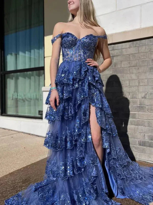 Elegant Prom Dresses Formal Court Train Sleeveless Off Shoulder Tulle with Sequin Slit Evening Dresses DP268