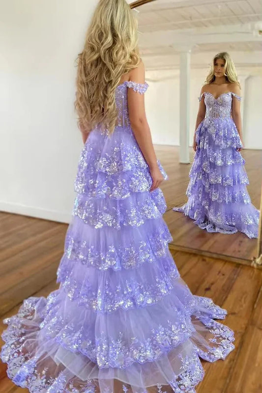 Elegant Prom Dresses Formal Court Train Sleeveless Off Shoulder Tulle with Sequin Slit Evening Dresses DP268