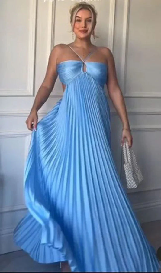 Modest A line Halter Blue Sleeveless Blue Prom Dresses Birthday Outfits Party Dress Formal Dress DP269