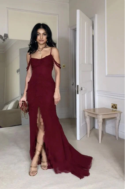 Sexy Burgundy Ruffles Chiffon Slit Prom Dress Mermaid Evening Dress Charming Party Dress DP273