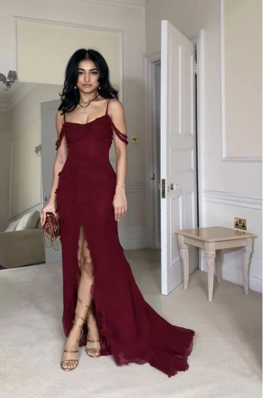 Sexy Burgundy Ruffles Chiffon Slit Prom Dress Mermaid Evening Dress Charming Party Dress DP273