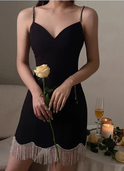 Vintage Black Sweetheart Tassel Spaghetti Strap Sheath Short Party Dress Cocktail Dress Homecoming Dress TP4462