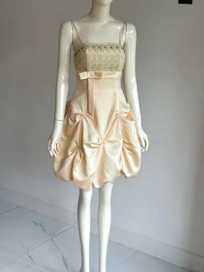 Vestido de fiesta vintage color champán con tirantes finos, corte A, satén y cuentas, vestido de cóctel corto TP4611