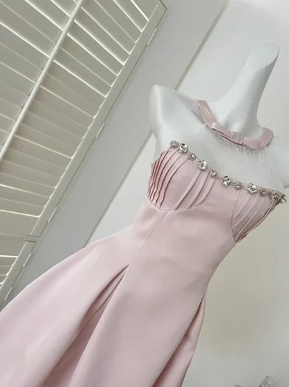Vintage Pink Beaded Homecoming Dress A-Line Satin Party Dress Short Cocktail Dress TP4613