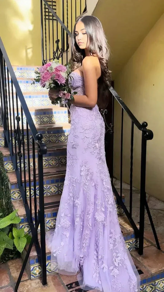 Mermaid Strapless Tulle Lace Appliques Purple formal dresses Bridesmaid Dresses evening gown Prom Dress DP292