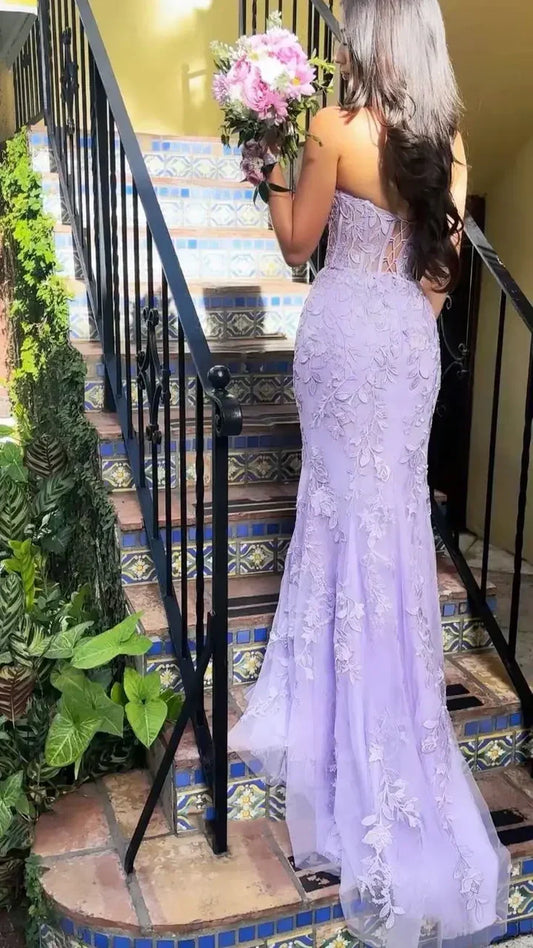 Mermaid Strapless Tulle Lace Appliques Purple formal dresses Bridesmaid Dresses evening gown Prom Dress DP292