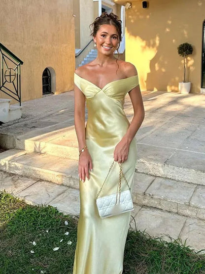Sexy Off The Shoulder Sheath Satin Long Prom Dress Backless Evening Dresses DP310