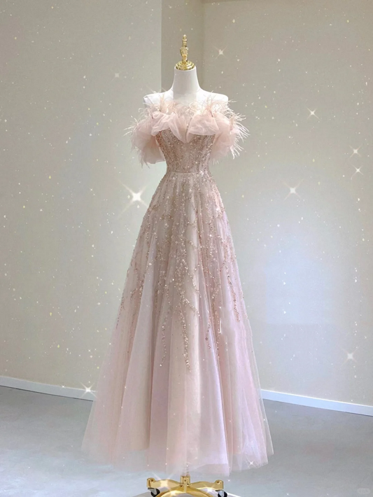 Pretty A line Off The Shoulder Sequin Pink Tulle Long Prom Dresses Evening Dresses DP341