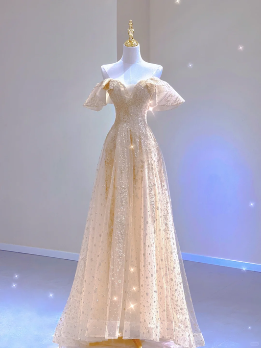 Hermoso vestido de fiesta con hombros descubiertos y mangas cortas, vestido de graduación, vestido de noche elegante para escuela secundaria DP392