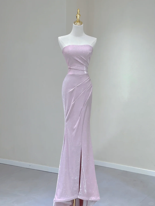 Hermoso vestido de fiesta largo rosa con lentejuelas y escote sirena sin tirantes, vestido de graduación para secundaria, vestidos de noche elegantes DP394