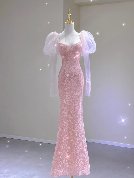Hermoso vestido de fiesta largo rosa con lentejuelas y escote sirena sin tirantes, vestido de graduación, vestido de noche elegante para escuela secundaria DP395