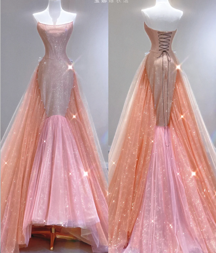 Vestido de fiesta largo rosa con lentejuelas y corte sirena, elegante, sin tirantes, para graduación, para escuela secundaria, DP402