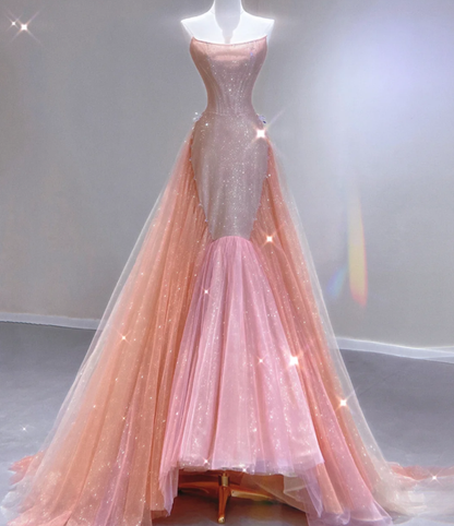 Vestido de fiesta largo rosa con lentejuelas y corte sirena, elegante, sin tirantes, para graduación, para escuela secundaria, DP402