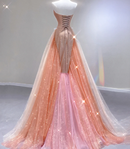 Vestido de fiesta largo rosa con lentejuelas y corte sirena, elegante, sin tirantes, para graduación, para escuela secundaria, DP402