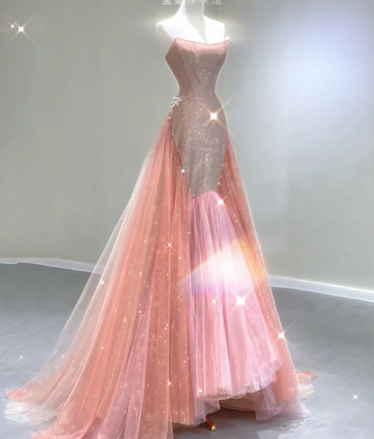 Vestido de fiesta largo rosa con lentejuelas y corte sirena, elegante, sin tirantes, para graduación, para escuela secundaria, DP402