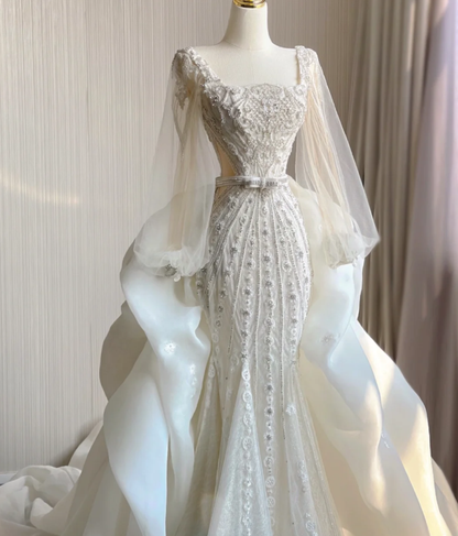 Vestido de novia blanco largo con escote cuadrado y corte sirena de lujo DP407