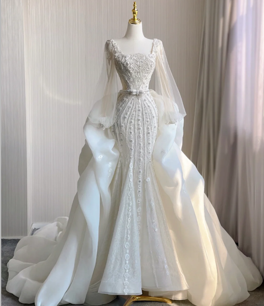 Vestido de novia blanco largo con escote cuadrado y corte sirena de lujo DP407