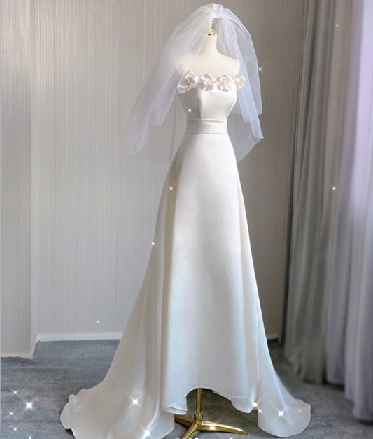 Vestido de novia blanco largo sin tirantes, corte A, único, para verano, DP408
