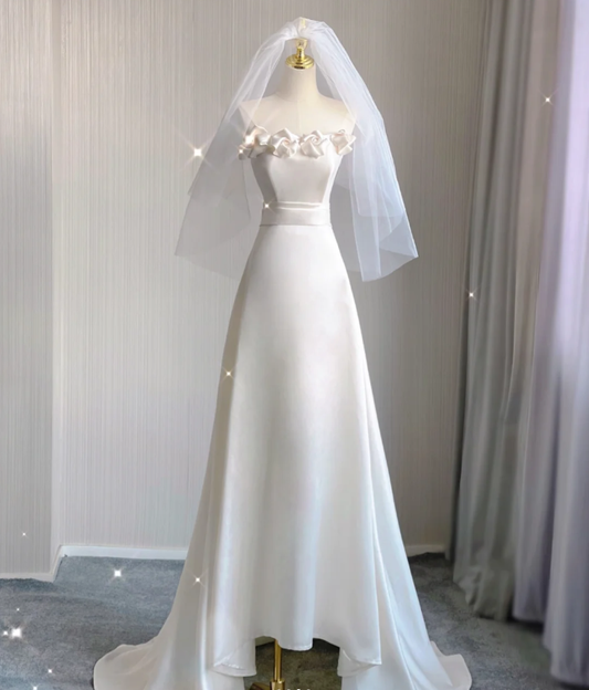 Vestido de novia blanco largo sin tirantes, corte A, único, para verano, DP408