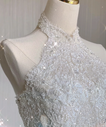 Vestido de novia blanco largo de encaje con escote alto y corte A único, vestido de novia de verano DP409
